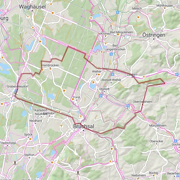 Map miniature of "Hambrücken and Bruchsal Exploration" cycling inspiration in Karlsruhe, Germany. Generated by Tarmacs.app cycling route planner