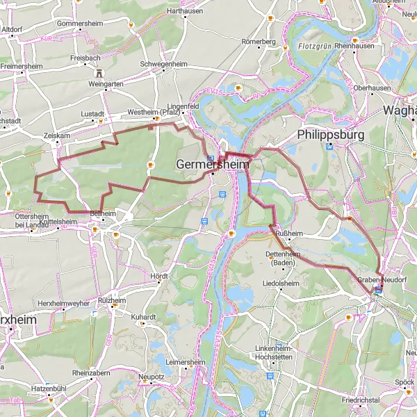 Map miniature of "Graben-Neudorf Gravel Adventure" cycling inspiration in Karlsruhe, Germany. Generated by Tarmacs.app cycling route planner