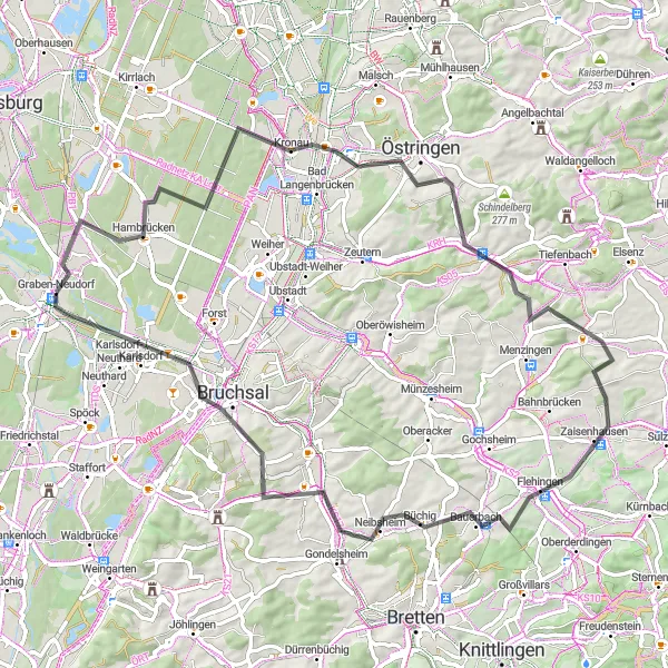 Map miniature of "Bruchsal Loop" cycling inspiration in Karlsruhe, Germany. Generated by Tarmacs.app cycling route planner