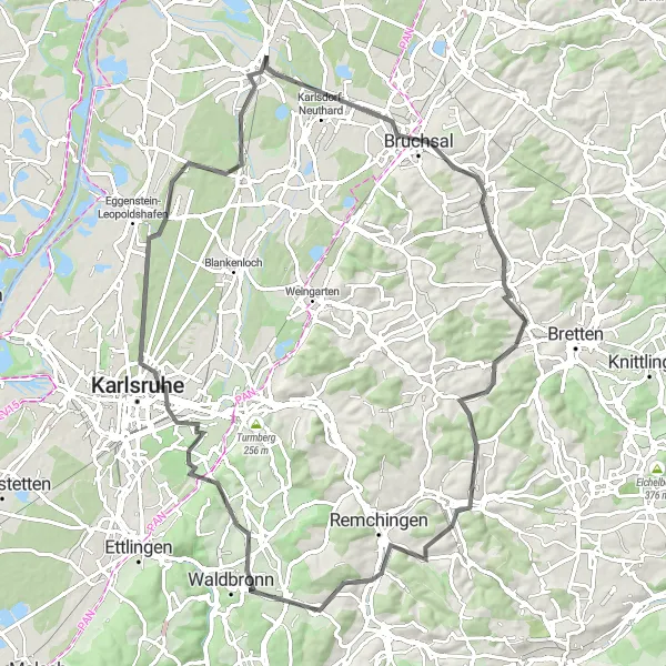 Map miniature of "Karlsruhe Road Cycling Adventure" cycling inspiration in Karlsruhe, Germany. Generated by Tarmacs.app cycling route planner