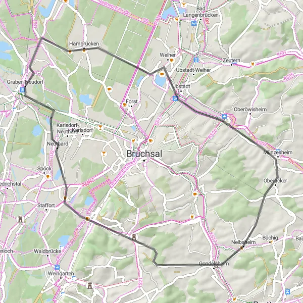 Karten-Miniaturansicht der Radinspiration "Entspannte Radtour durch charmante Dörfer" in Karlsruhe, Germany. Erstellt vom Tarmacs.app-Routenplaner für Radtouren