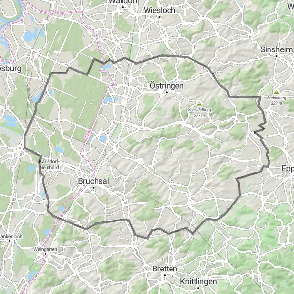 Map miniature of "Angelbachtal and Zaisenhausen" cycling inspiration in Karlsruhe, Germany. Generated by Tarmacs.app cycling route planner