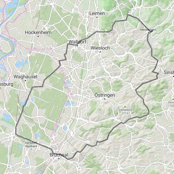 Map miniature of "Journey Through the Hills" cycling inspiration in Karlsruhe, Germany. Generated by Tarmacs.app cycling route planner