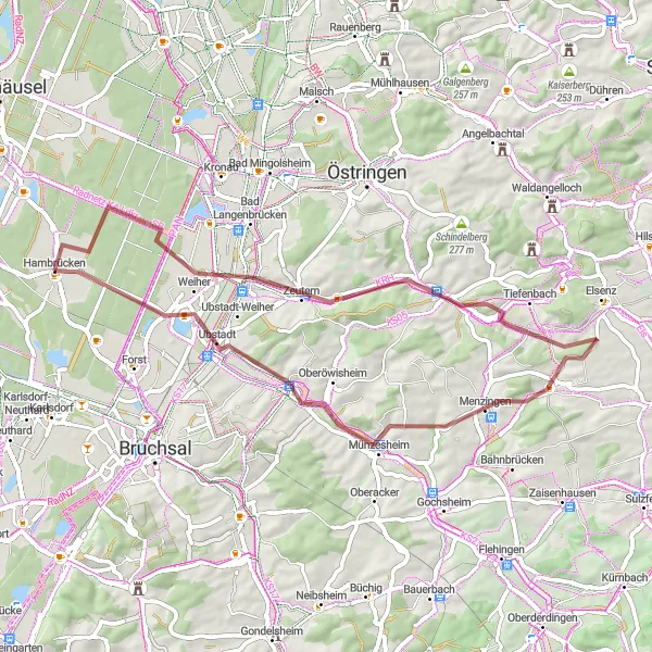 Map miniature of "The Castles and Vineyards of Zeutern and Hambrücken" cycling inspiration in Karlsruhe, Germany. Generated by Tarmacs.app cycling route planner