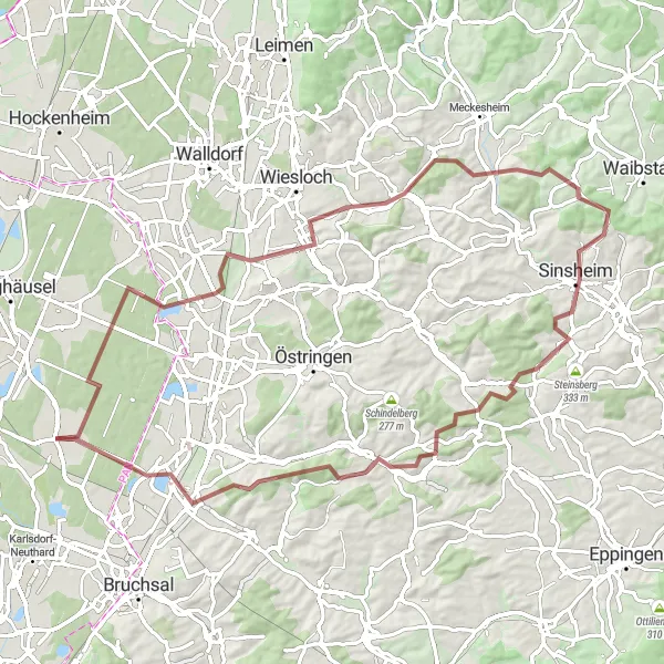 Map miniature of "A Thrilling Gravel Adventure to Galgenberg and Tiefenbach" cycling inspiration in Karlsruhe, Germany. Generated by Tarmacs.app cycling route planner