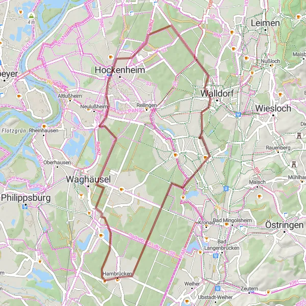 Map miniature of "An Idyllic Ride through Waghäusel and Hockenheim" cycling inspiration in Karlsruhe, Germany. Generated by Tarmacs.app cycling route planner