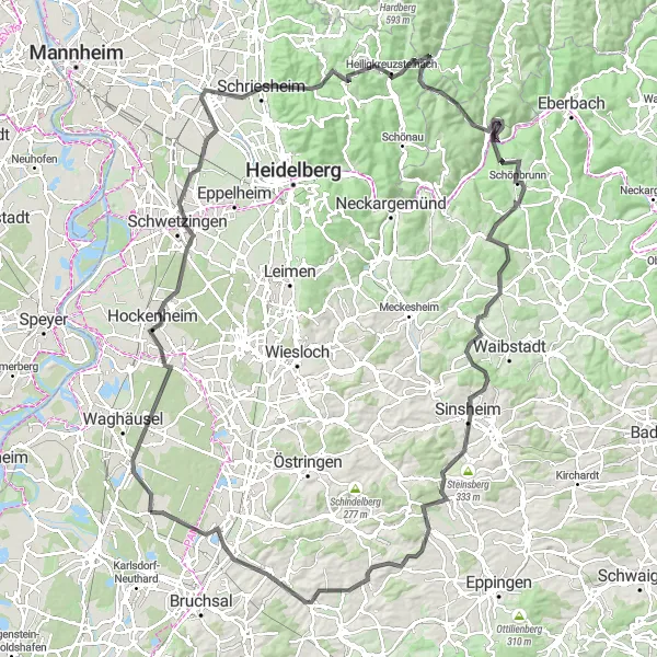 Map miniature of "Hockenheim to Hirschhorn" cycling inspiration in Karlsruhe, Germany. Generated by Tarmacs.app cycling route planner