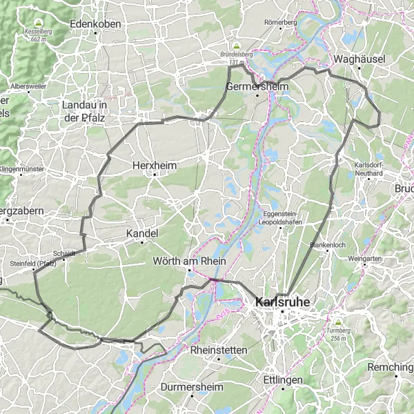Map miniature of "The Majestic Beauty of the Bienwald and Schwarzwald" cycling inspiration in Karlsruhe, Germany. Generated by Tarmacs.app cycling route planner