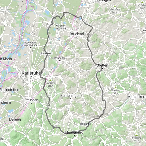 Map miniature of "Legendary Climbs: Ubstadt to Bergwald" cycling inspiration in Karlsruhe, Germany. Generated by Tarmacs.app cycling route planner