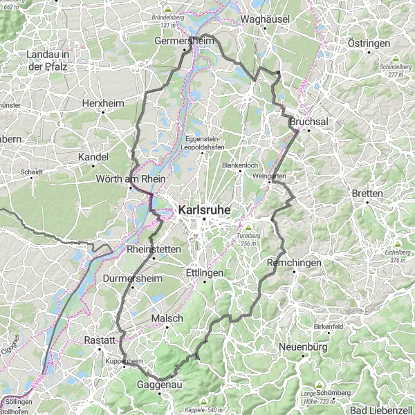 Map miniature of "Hambrücken to Waldfestplatz Hambrücken Loop" cycling inspiration in Karlsruhe, Germany. Generated by Tarmacs.app cycling route planner