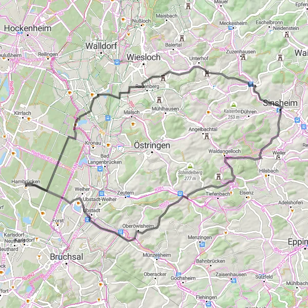 Map miniature of "Hambrücken to Ubstadt Loop" cycling inspiration in Karlsruhe, Germany. Generated by Tarmacs.app cycling route planner
