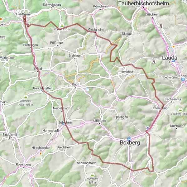 Map miniature of "The Gravel Escape" cycling inspiration in Karlsruhe, Germany. Generated by Tarmacs.app cycling route planner