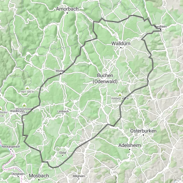 Karten-Miniaturansicht der Radinspiration "Road-Tour um Hardheim" in Karlsruhe, Germany. Erstellt vom Tarmacs.app-Routenplaner für Radtouren