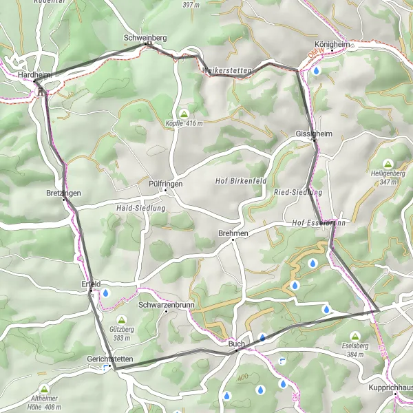Karten-Miniaturansicht der Radinspiration "Kurze Runde um Hardheim" in Karlsruhe, Germany. Erstellt vom Tarmacs.app-Routenplaner für Radtouren
