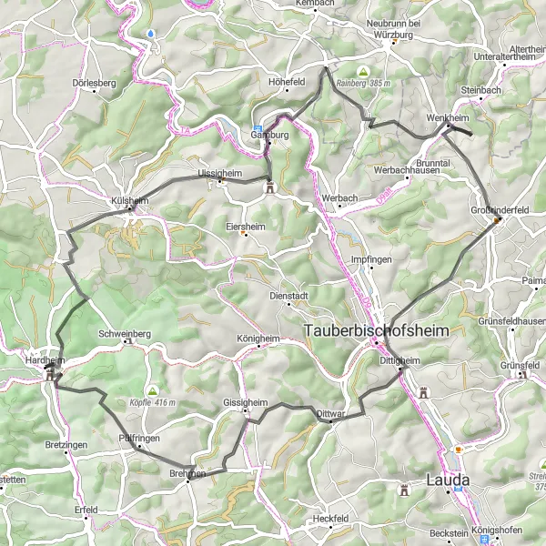 Map miniature of "Hardheim Gravel Adventure" cycling inspiration in Karlsruhe, Germany. Generated by Tarmacs.app cycling route planner