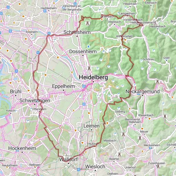 Map miniature of "Hirschberg and Ladenburg Gravel Route" cycling inspiration in Karlsruhe, Germany. Generated by Tarmacs.app cycling route planner