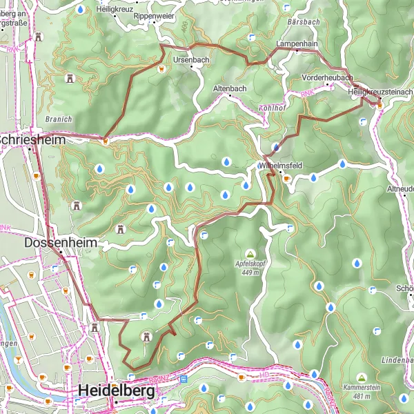 Map miniature of "Schriesheim and Lampenhain Gravel Route" cycling inspiration in Karlsruhe, Germany. Generated by Tarmacs.app cycling route planner