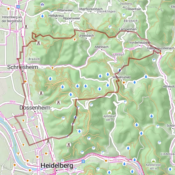 Map miniature of "Handschuhsheim and Eichelberg Gravel Route" cycling inspiration in Karlsruhe, Germany. Generated by Tarmacs.app cycling route planner