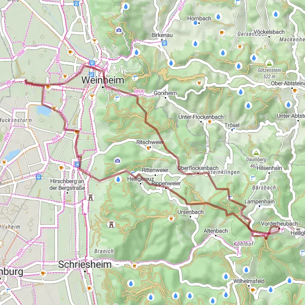 Map miniature of "Gravel Adventure in Natural Surroundings" cycling inspiration in Karlsruhe, Germany. Generated by Tarmacs.app cycling route planner