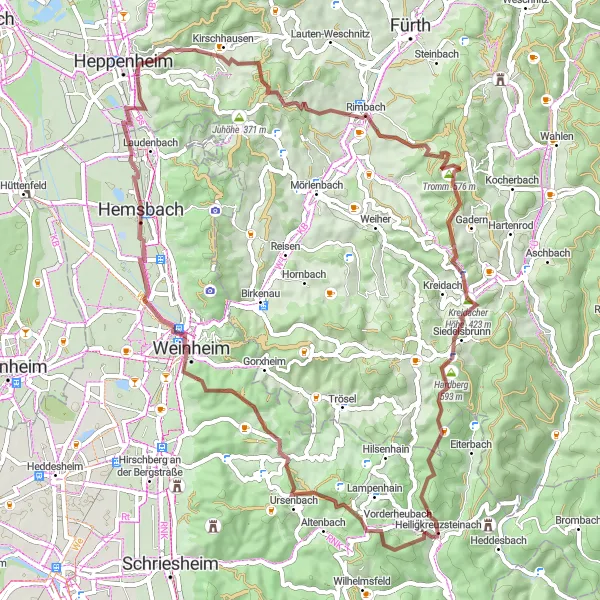 Map miniature of "Burg Waldeck and the Gravel Roads" cycling inspiration in Karlsruhe, Germany. Generated by Tarmacs.app cycling route planner