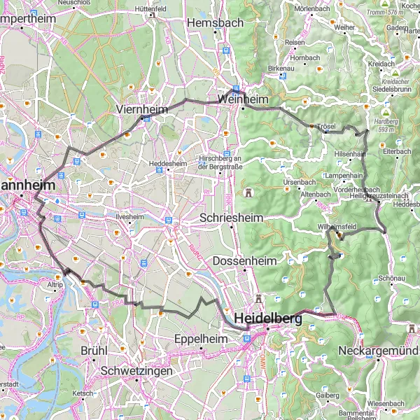 Map miniature of "Wilhelmsfeld and Unter-Flockenbach Road Route" cycling inspiration in Karlsruhe, Germany. Generated by Tarmacs.app cycling route planner
