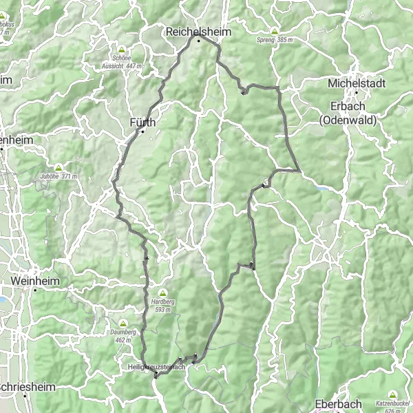 Map miniature of "Unter-Abtsteinach and Menschenkopf Road Route" cycling inspiration in Karlsruhe, Germany. Generated by Tarmacs.app cycling route planner