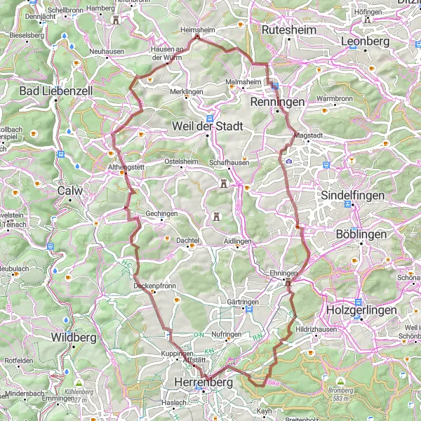 Karten-Miniaturansicht der Radinspiration "Heimsheim und Althengstett Entdeckungstour" in Karlsruhe, Germany. Erstellt vom Tarmacs.app-Routenplaner für Radtouren