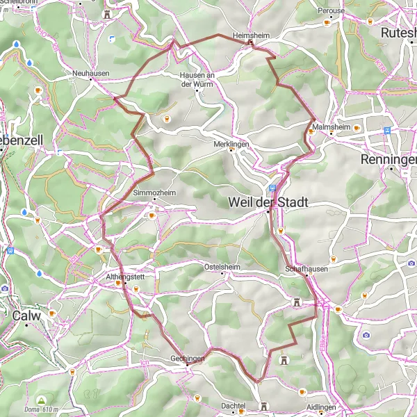 Map miniature of "Through the Beauty of Gravel: Heimsheim to Weil der Stadt" cycling inspiration in Karlsruhe, Germany. Generated by Tarmacs.app cycling route planner