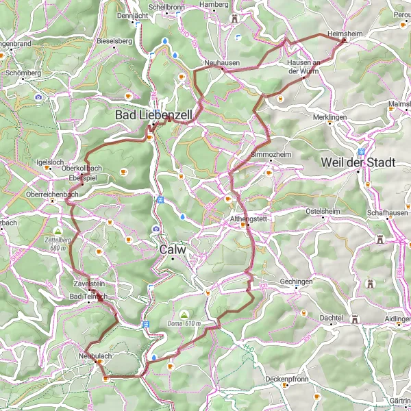 Karten-Miniaturansicht der Radinspiration "Hausen an der Würm und Bad Liebenzell Erlebnistour" in Karlsruhe, Germany. Erstellt vom Tarmacs.app-Routenplaner für Radtouren
