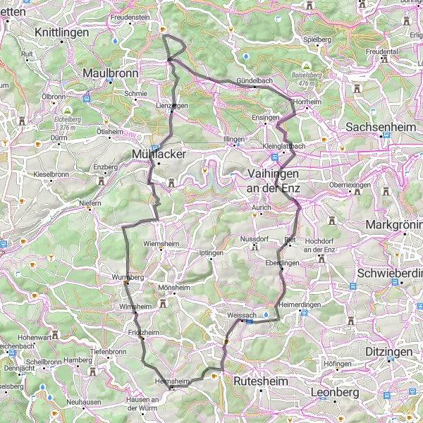 Map miniature of "The hilly road challenge" cycling inspiration in Karlsruhe, Germany. Generated by Tarmacs.app cycling route planner
