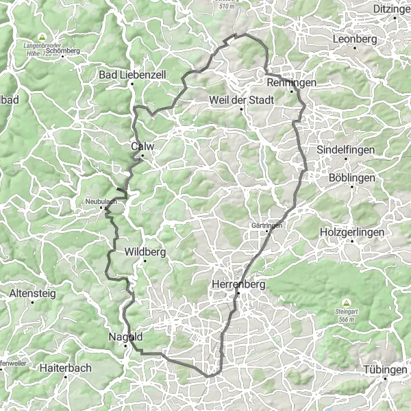 Karten-Miniaturansicht der Radinspiration "Road-Tour von Heimsheim nach Herrenberg" in Karlsruhe, Germany. Erstellt vom Tarmacs.app-Routenplaner für Radtouren