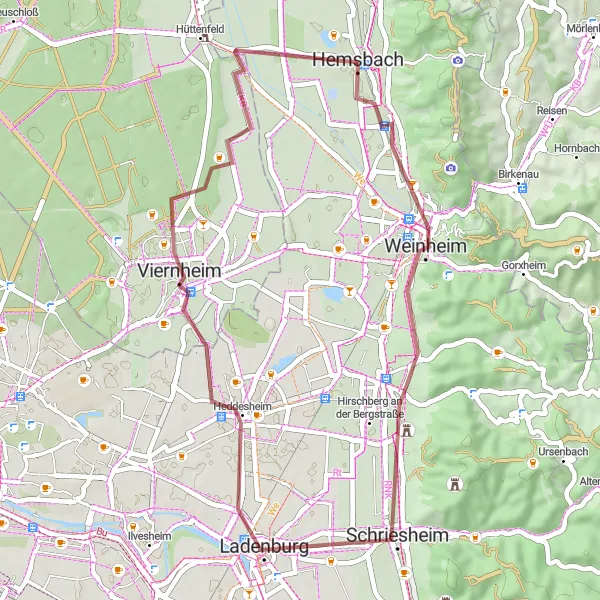 Map miniature of "Gravel Adventure in Schriesheim" cycling inspiration in Karlsruhe, Germany. Generated by Tarmacs.app cycling route planner