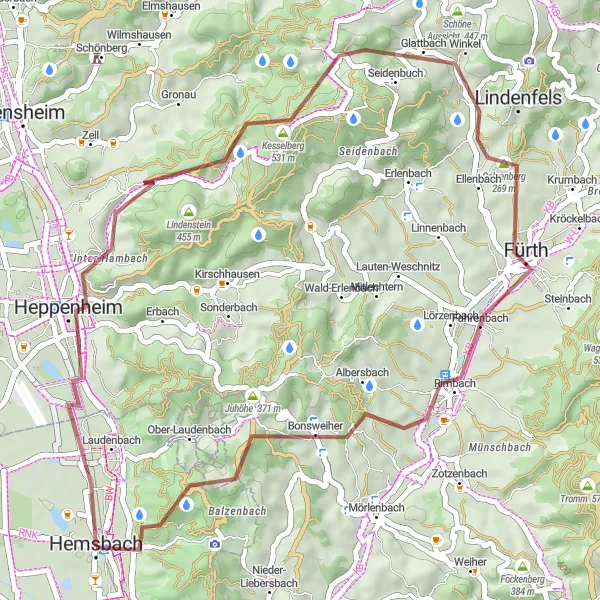 Karten-Miniaturansicht der Radinspiration "Anspruchsvolle Gravel-Tour von Hemsbach nach Sulzbach-West" in Karlsruhe, Germany. Erstellt vom Tarmacs.app-Routenplaner für Radtouren