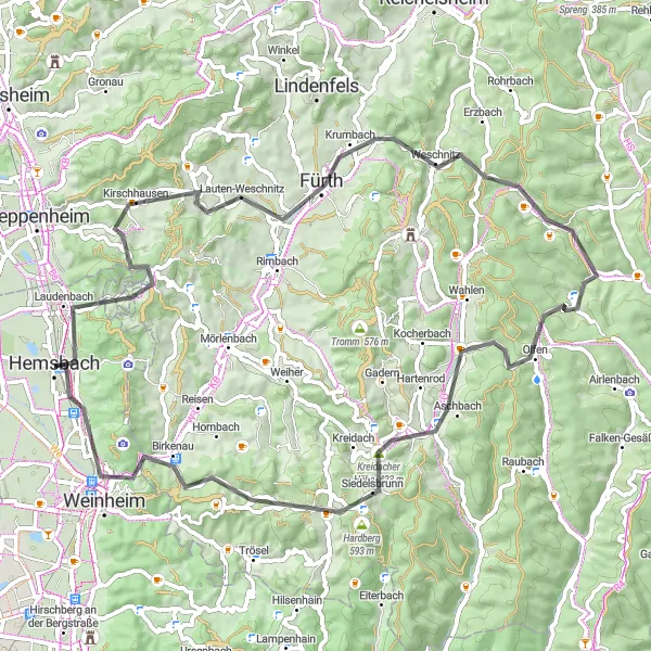 Karten-Miniaturansicht der Radinspiration "Bergstraße und Odenwald Rundtour" in Karlsruhe, Germany. Erstellt vom Tarmacs.app-Routenplaner für Radtouren