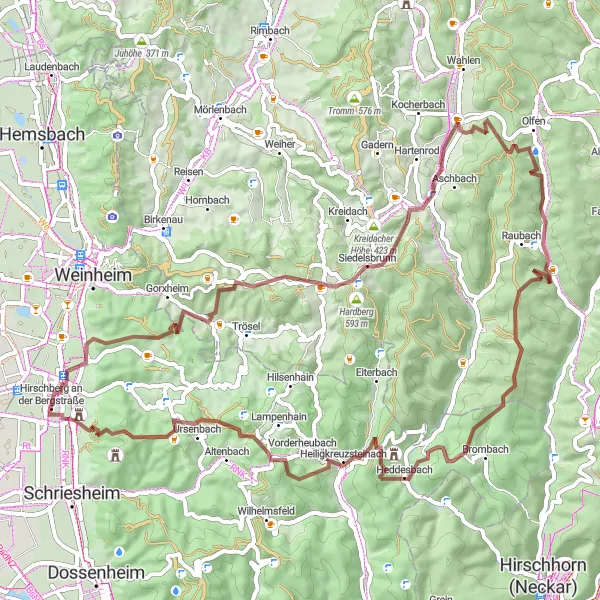 Map miniature of "Challenge of the Hills" cycling inspiration in Karlsruhe, Germany. Generated by Tarmacs.app cycling route planner