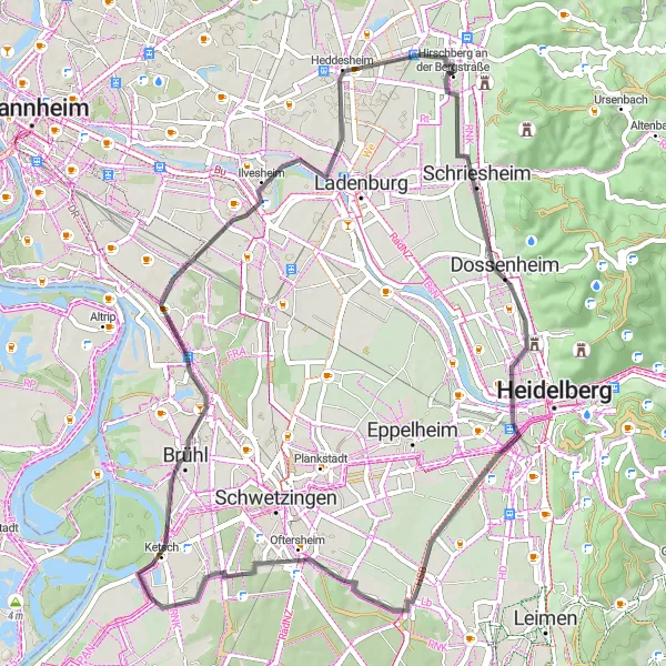 Karten-Miniaturansicht der Radinspiration "Dörfer und Kulturschätze" in Karlsruhe, Germany. Erstellt vom Tarmacs.app-Routenplaner für Radtouren