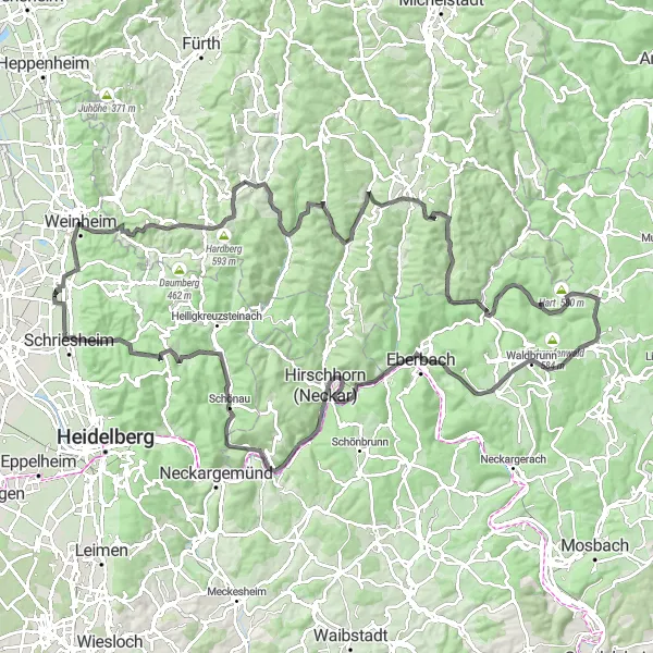 Map miniature of "Hilltop Challenge" cycling inspiration in Karlsruhe, Germany. Generated by Tarmacs.app cycling route planner