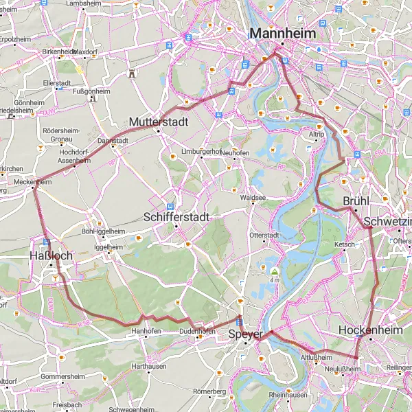 Map miniature of "Hockenheim to Brühl Gravel Loop" cycling inspiration in Karlsruhe, Germany. Generated by Tarmacs.app cycling route planner