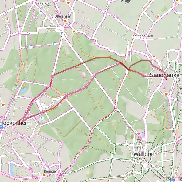 Map miniature of "Sandhausen Gravel Loop" cycling inspiration in Karlsruhe, Germany. Generated by Tarmacs.app cycling route planner