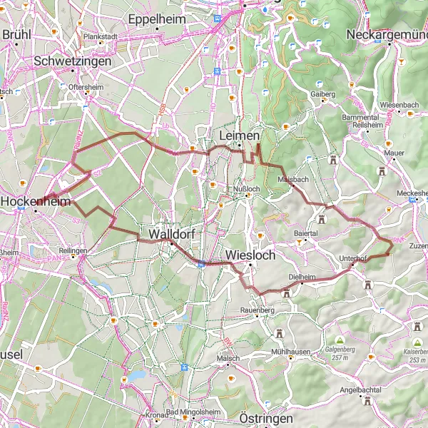 Map miniature of "Hockenheim to Walldorf Gravel Ride" cycling inspiration in Karlsruhe, Germany. Generated by Tarmacs.app cycling route planner