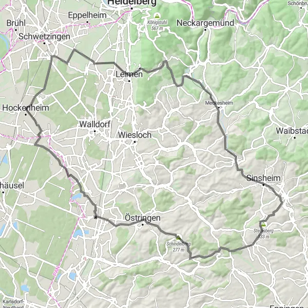 Karten-Miniaturansicht der Radinspiration "Herausfordernde Bergtour um Hockenheim" in Karlsruhe, Germany. Erstellt vom Tarmacs.app-Routenplaner für Radtouren