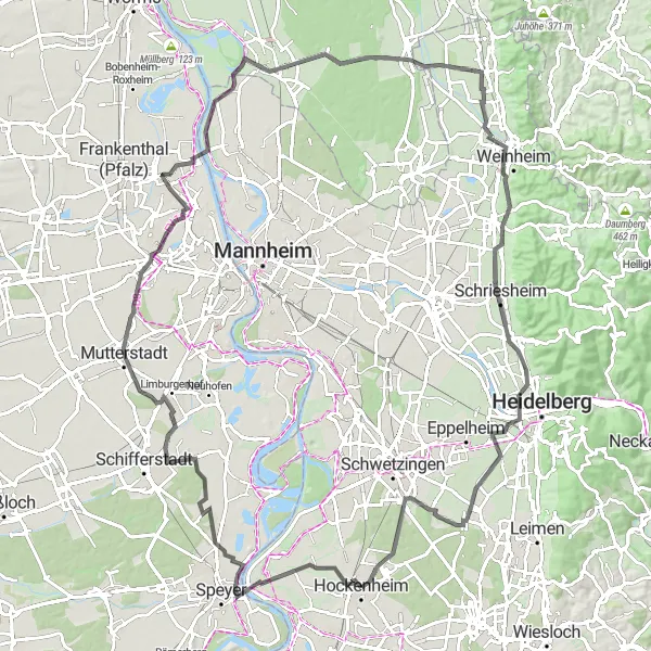 Karten-Miniaturansicht der Radinspiration "Rhein-Neckar Rundfahrt" in Karlsruhe, Germany. Erstellt vom Tarmacs.app-Routenplaner für Radtouren