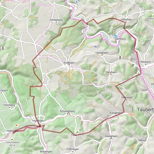 Karten-Miniaturansicht der Radinspiration "Die Höpfingen Geisberg Route" in Karlsruhe, Germany. Erstellt vom Tarmacs.app-Routenplaner für Radtouren