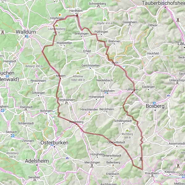 Karten-Miniaturansicht der Radinspiration "Entdeckungstour rund um Höpfingen" in Karlsruhe, Germany. Erstellt vom Tarmacs.app-Routenplaner für Radtouren