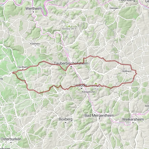 Karten-Miniaturansicht der Radinspiration "Höhenmeter-Challenge um Höpfingen" in Karlsruhe, Germany. Erstellt vom Tarmacs.app-Routenplaner für Radtouren