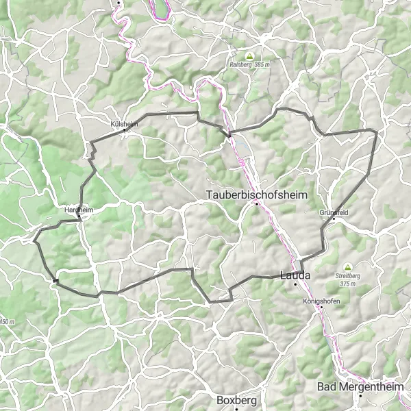 Karten-Miniaturansicht der Radinspiration "Höpfingen-Hardheim Rundradweg" in Karlsruhe, Germany. Erstellt vom Tarmacs.app-Routenplaner für Radtouren