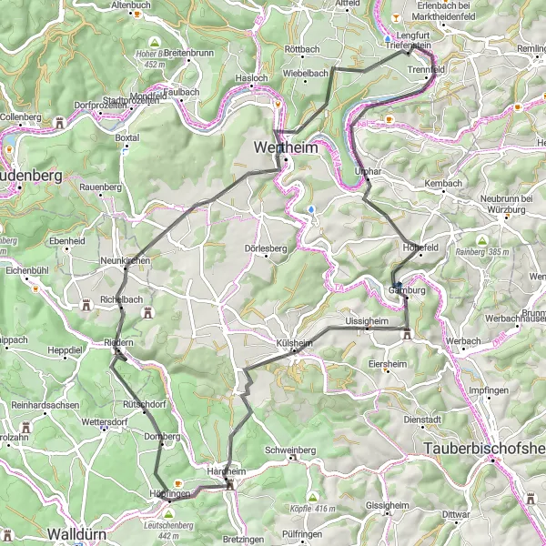 Karten-Miniaturansicht der Radinspiration "Höpfingen-Kreuzwertheim Radroute" in Karlsruhe, Germany. Erstellt vom Tarmacs.app-Routenplaner für Radtouren