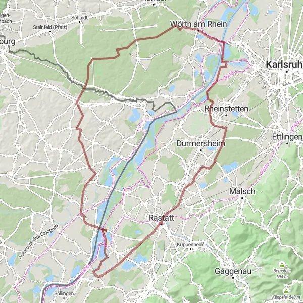 Map miniature of "Gravel Adventures of Hügelsheim" cycling inspiration in Karlsruhe, Germany. Generated by Tarmacs.app cycling route planner