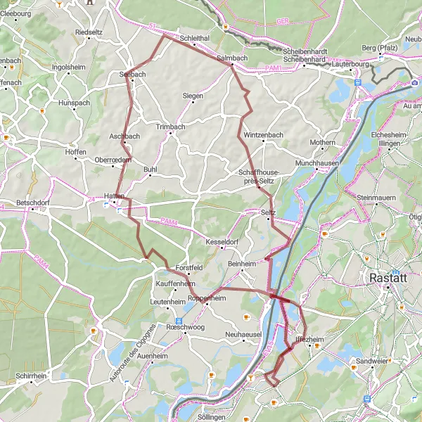 Karten-Miniaturansicht der Radinspiration "Ruhe und Natur im Elsass" in Karlsruhe, Germany. Erstellt vom Tarmacs.app-Routenplaner für Radtouren