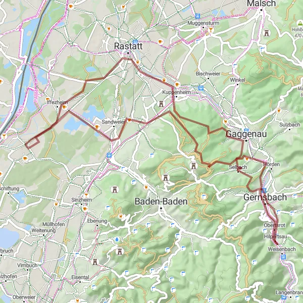 Map miniature of "The Gravel Adventure" cycling inspiration in Karlsruhe, Germany. Generated by Tarmacs.app cycling route planner